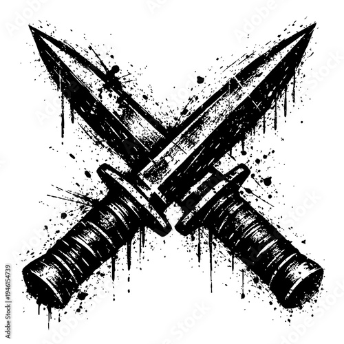 Two crossed daggers with grunge effect and paint splatters on white background