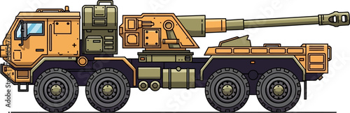 Tan heavy artillery truck with rear facing cannon
