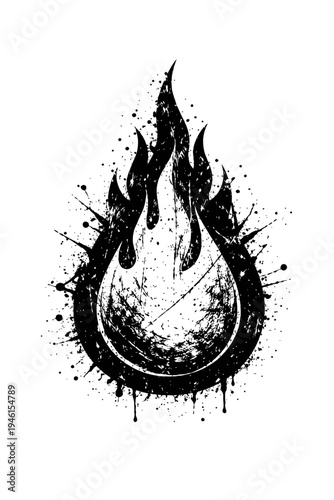 Black flame graffiti with paint splatters on white background, abstract fire symbol with grunge effect for design and decoration