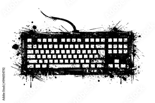 Grunge keyboard with paint splatters on white background, distressed computer keyboard with ink drops