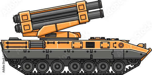 Tracked rocket artillery system in tan