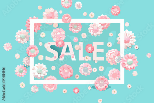 Floral sale announcement with pink blossoms and a white frame