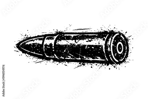 A black and white illustration of a bullet with a grunge effect, symbolizing power and aggression in a striking visual representation.
