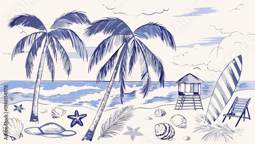 A serene beach illustration with palm trees a lifeguard stand and shells