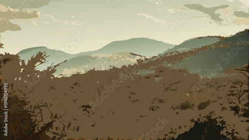 A stylized landscape depicts rolling hills and distant mountains