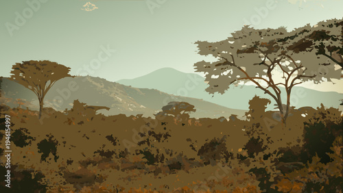 Stylized landscape depicting silhouetted trees and distant rolling hills