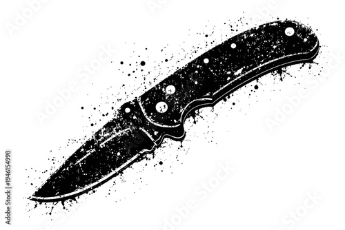 A black pocket knife with a paint splatter effect on a white background, symbolizing edgy design and artistic expression in a single object