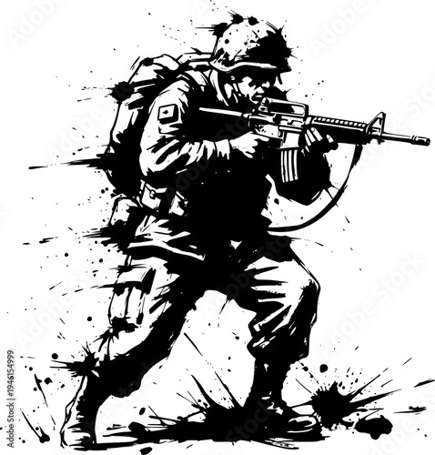 Modern Soldier in Tactical Combat Pose with Rifle Illustration, Military Warfare Graphic for Defense, Army and Security Concept