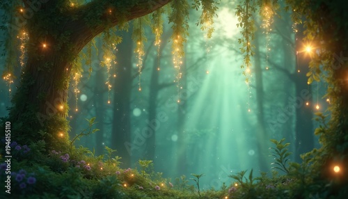 Enchanted forest with glowing fairy lights on trees and plants. Sunbeams pierce misty green woods. Magical woodland scene with flowers and dew drops.