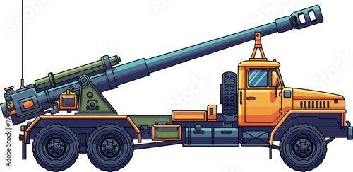 Truck mounted long range cannon with yellow cabin
