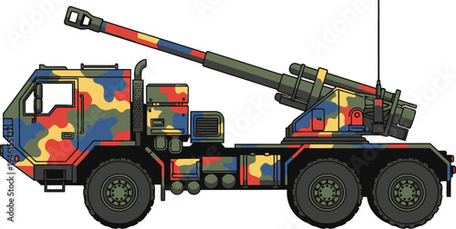 Vibrant camouflage artillery vehicle stands ready for deployment