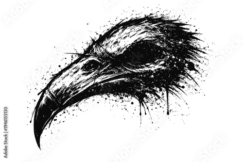 A black and white illustration of an eagle's head with a sharp beak and paint splatters on a white background