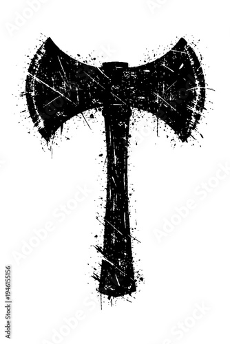 A grungy black double-headed axe on a white background, symbolizing strength and power with a distressed texture, perfect for designs needing a bold statement.