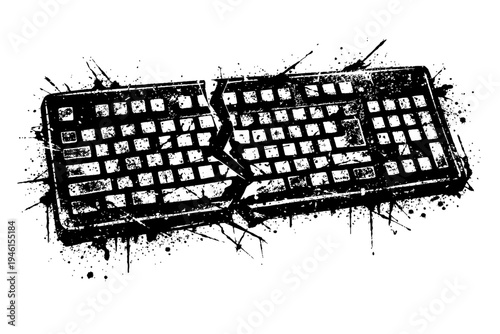 Split keyboard with grunge effect on white background for tech and computer concepts