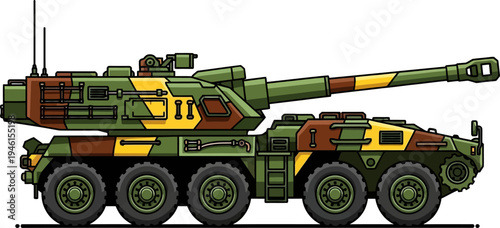 Wheeled self propelled howitzer with camouflage paint scheme