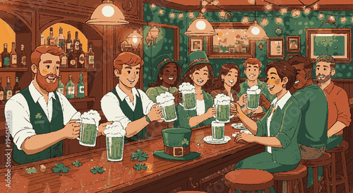 Friends toasting with green beer pints at a festive pub on st patrick's day with cheerful atmosphere