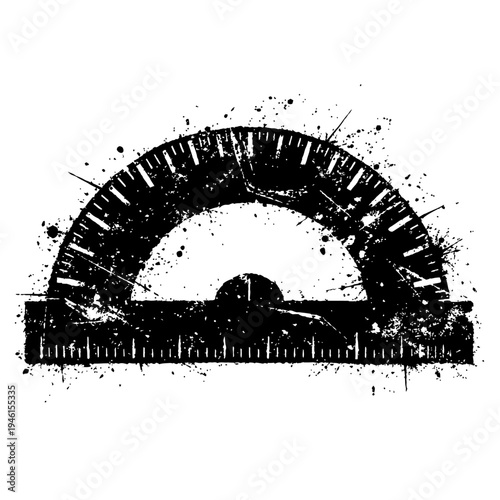 Black and white illustration of a protractor with a grunge effect, perfect for educational or design use