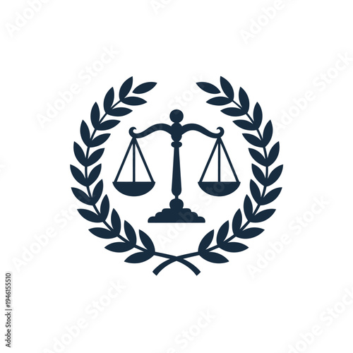 A symbol of justice with a scale and laurel wreath