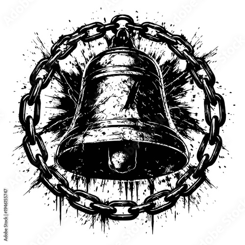A black and white illustration of a bell surrounded by a chain on a splattered background