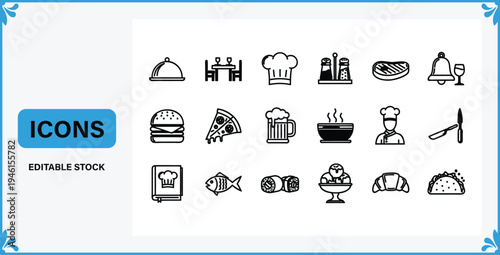 Collection of black line icons related to food and restaurant  various culinary symbols and signs for cooking and dining