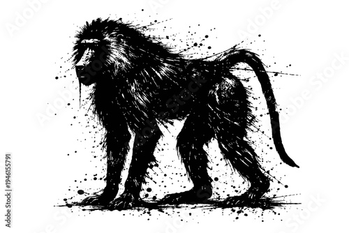A black and white illustration of a monkey with a long tail and mane standing on all fours with a dynamic paint splatter effect around it.