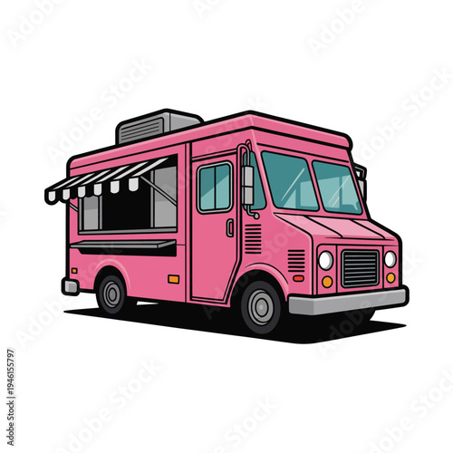 A pink food truck with a striped awning on a white background