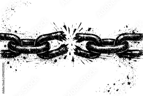 A broken chain link on white background with grunge effect and paint splatters symbolizing freedom and strength