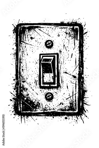 Black and white illustration of a light switch plate with a toggle switch and two screw holes on a white background