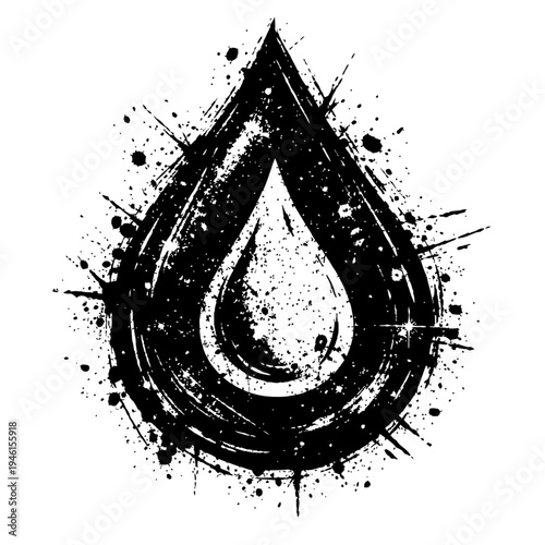 Black grunge teardrop shape with paint splatters isolated on white background