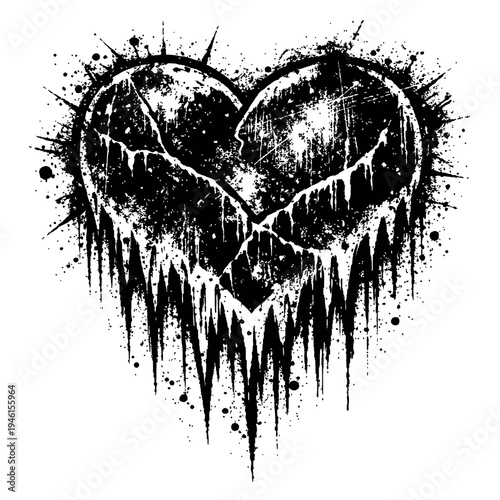 Black and white grungy broken heart illustration with paint splatters and drips on white background