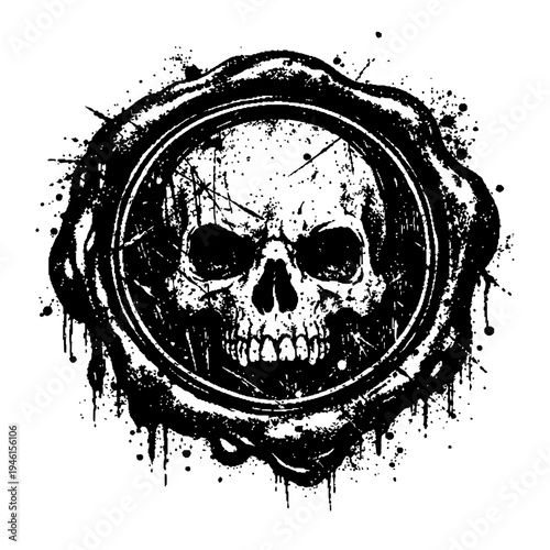 A grungy skull emblem with a distressed circular border and paint splatters on a white background for designs