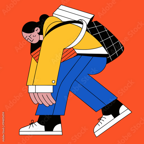 A tired student with a heavy backpack walking
