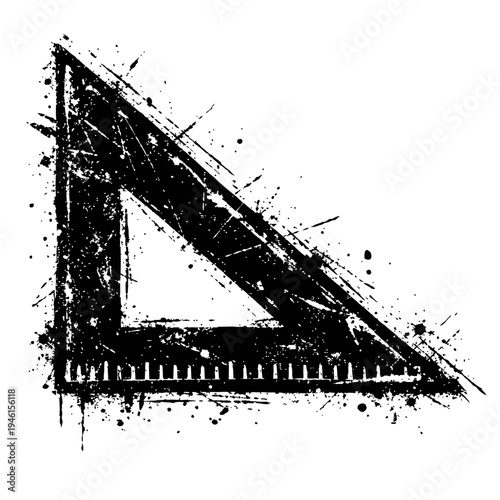 Black and white grungy triangle ruler with paint splatters isolated on white background for design and education use