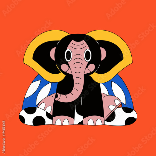 A cartoon elephant with unique colors and patterns, set against a vibrant orange background. Its large ears and round eyes adds a touch of charm