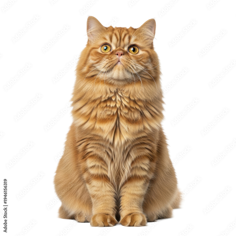 Fototapeta premium majestic adult ginger persian cat with luxurious orange fur, seated calmly and looking upwards in an ultra-realistic 3/4 studio shot on a transparent background, concept for pet advertising