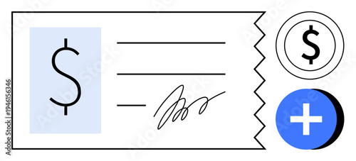 Finance concept. Finance visuals combining check payment, dollar sign, and monetary symbols. Finance processes in digital and traditional systems. Ideal for banking, payments, fintech, accounting