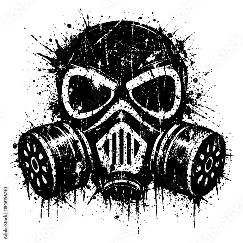 Black and white grunge style gas mask with filter on white background
