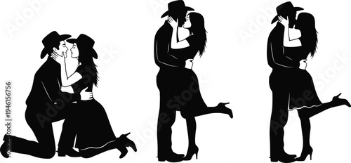 Black silhouettes of romantic couple in cowboy hats, kissing and embracing, standing and kneeling poses, love affection artwork, vector illustration design