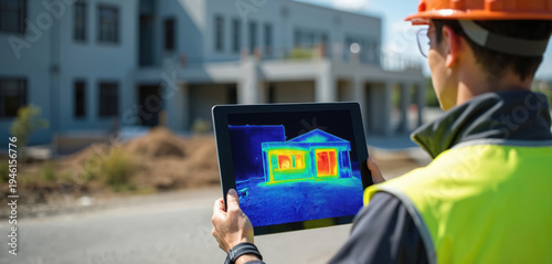 Technician inspects building exterior with thermal camera on tablet. Infrared scan shows heat loss on house walls. Energy audit for home efficiency.