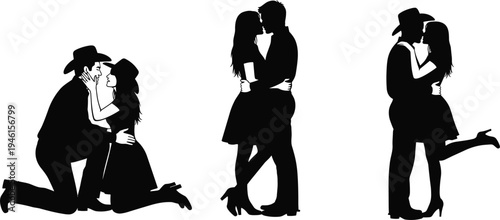 Black silhouettes of romantic couples in cowboy hats, kissing and embracing, kneeling and standing poses, love affection artwork, vector illustration design