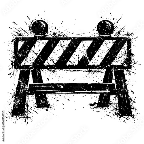Black and white illustration of a roadblock barrier with a grunge effect, indicating construction or warning.