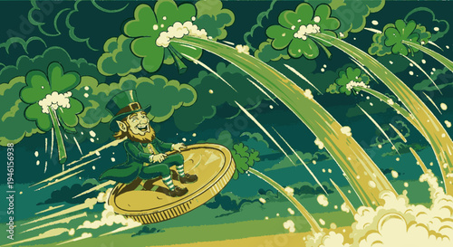 Leprechaun surfing on gold coin with shamrocks and fireworks exploding