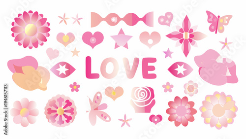 Pink floral and star illustrations with a prominent love text design