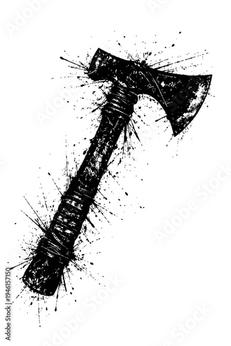 A black and white illustration of an axe with a wrapped handle and paint splatters on a white background, symbolizing strength and power.