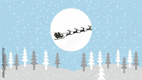 Santa claus and reindeer silhouetted against a large moon in winter