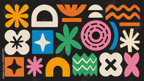 Abstract geometric shapes in vibrant colors against a dark background