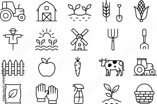 Agricultural theme icon set, in outline design