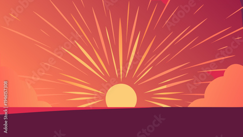 Abstract sunrise over silhouetted landscape with radiating light beams