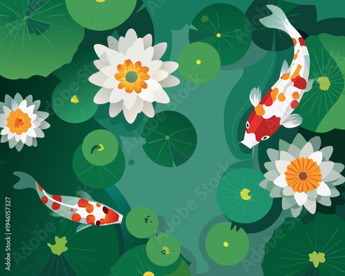 A vibrant overhead view of koi fish swimming amidst lily pads