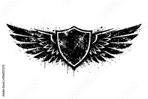 Black and white grunge shield with wings on white background, symbolizing protection and strength in a distressed design